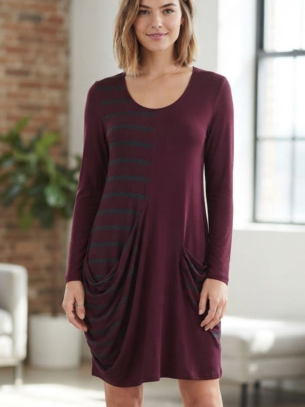 NWT Caite Burgundy Striped Draped Jersey Long Sleeve Tunic Dress Anthropologie S